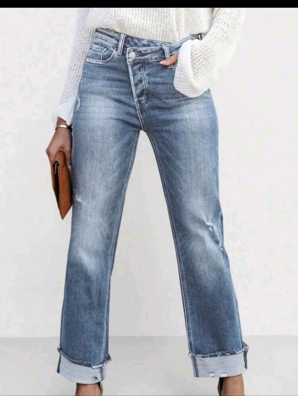 diagonal waist ankle cuffed Jeans